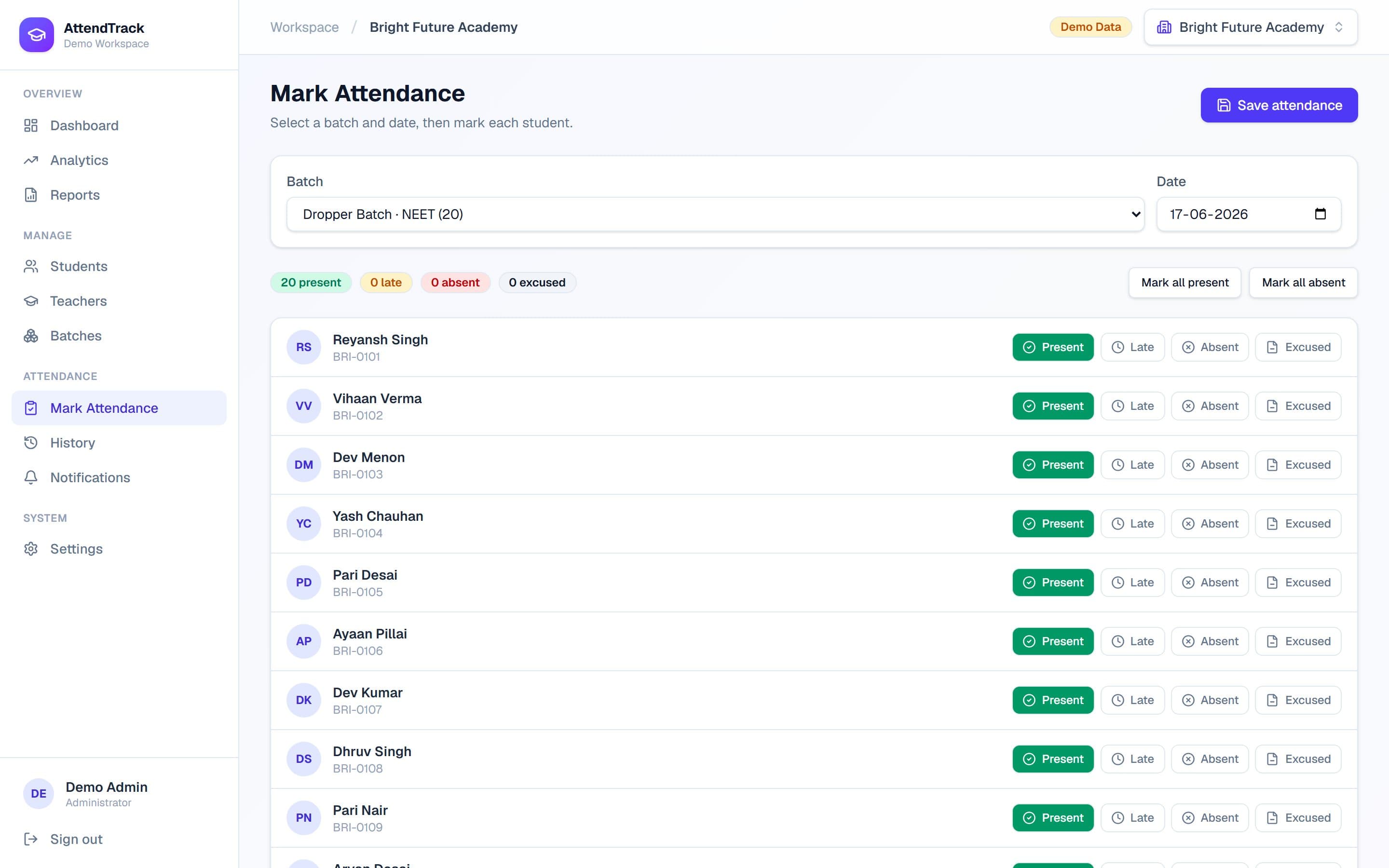 Attendance · Mark attendance
